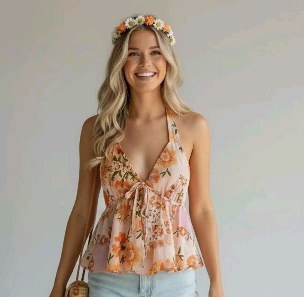 Free People Hot Tropic Tank Top Sz L Floral Print Halter Pink Boho Chic Festival